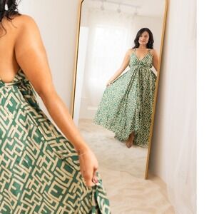 The Vacation Dress Green Gold Geometric Print Sleeveless Party Maxi Dress 2x